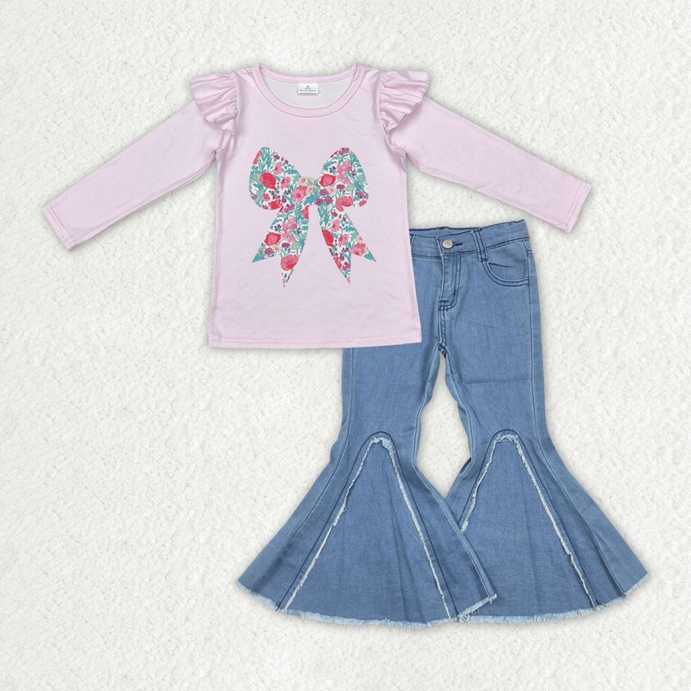 Baby Girl Long Sleeves Floral Bow Pink Shirt Blue Jeans Denim Bell Pants Clothes Set