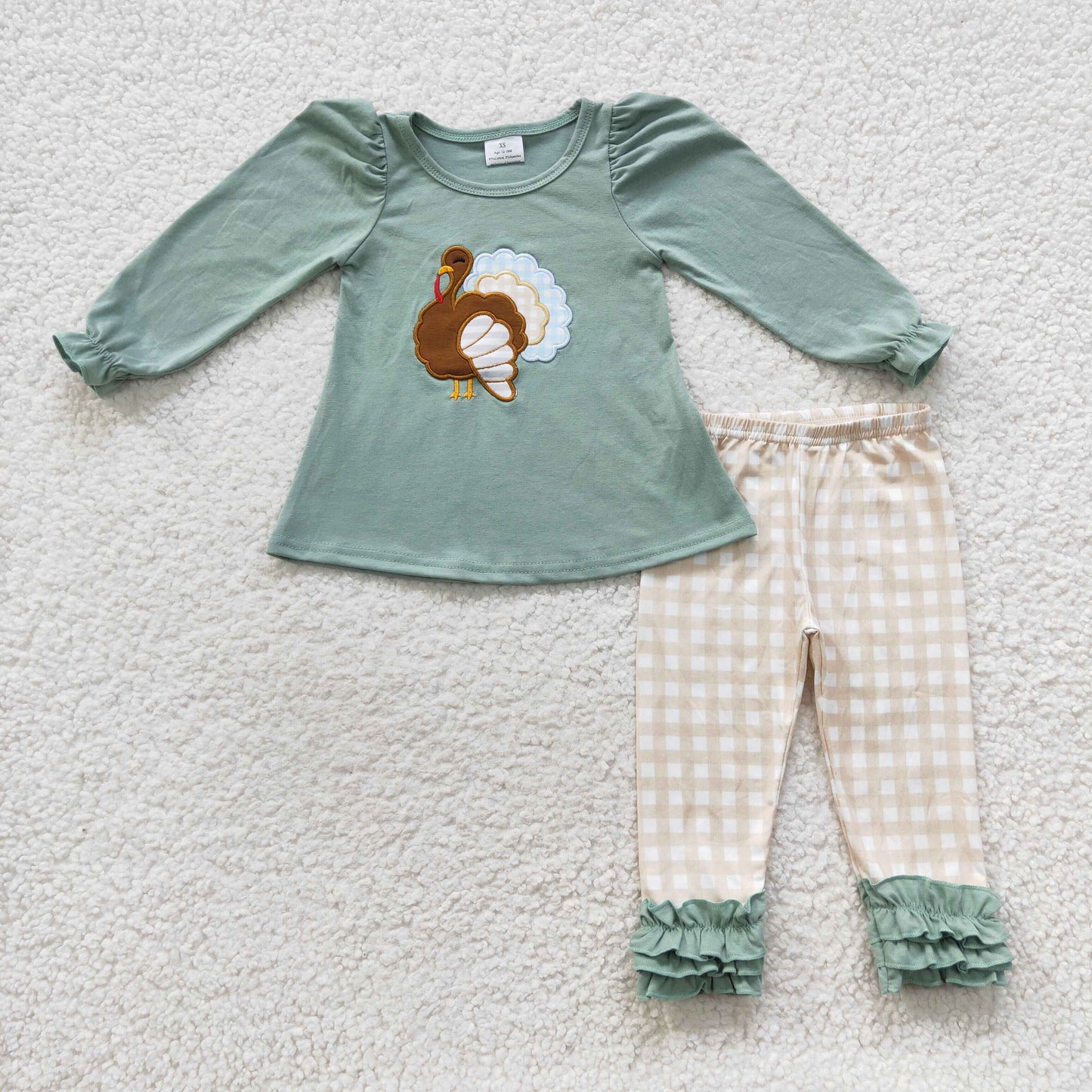 GLP0534 Baby Girl Thanksgiving Embroidery turkey Long Sleeves Plaid Pants Outfit
