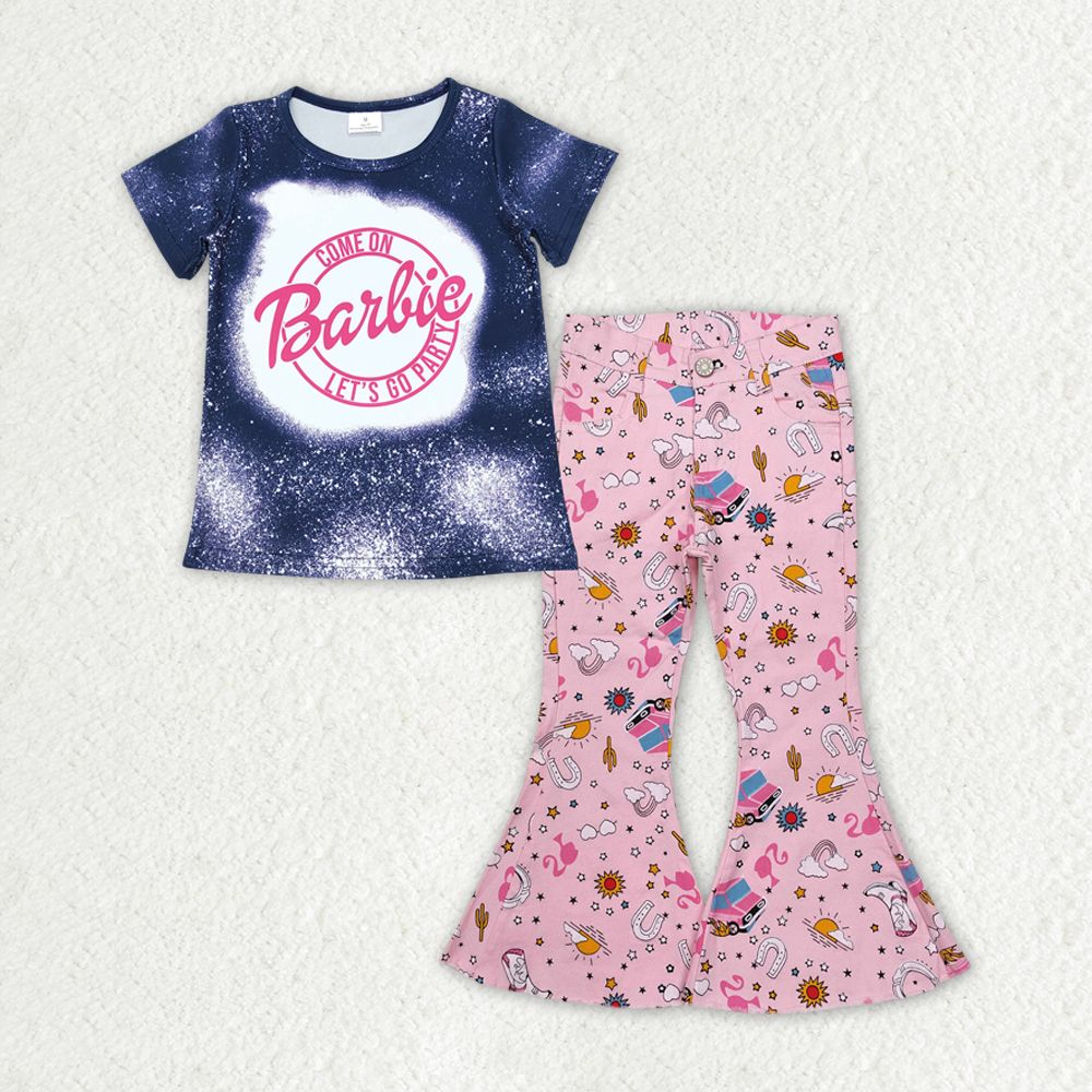 Baby Girl Short Sleeves Doll Shirt Pink Denim Jeans Pants Clothes Set