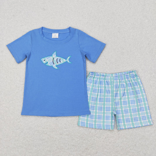 BSSO0284 Baby Boy Short Sleeves Embroidery Fishing Shirt Plaid Shorts Summer Blue Outfit
