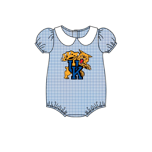 Baby Girl Short Sleeves Tiger Blue Plaid Bubble One Piece Romper