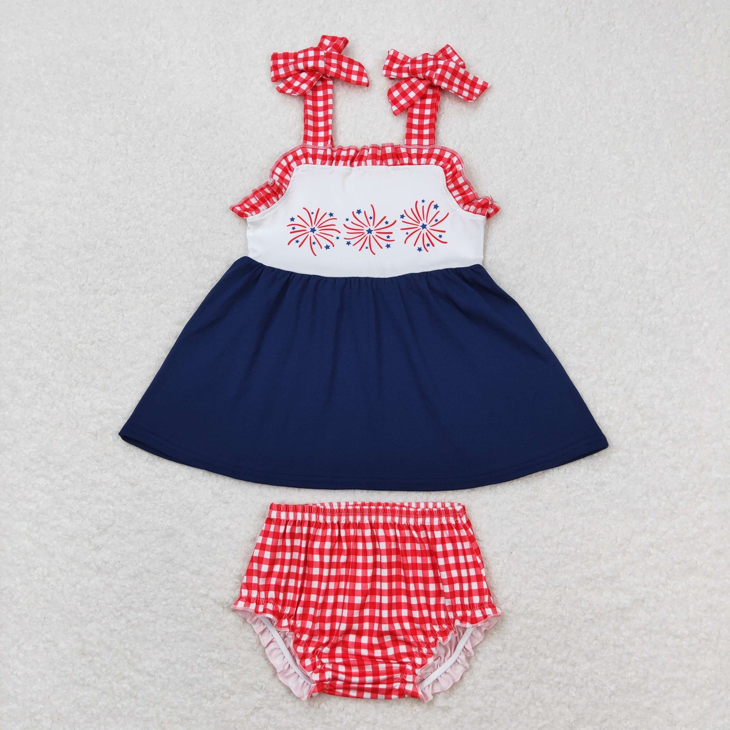 Baby Girl Sleeveless Fireworks Tunic Red Plaid Bummie Shorts July 4th Set