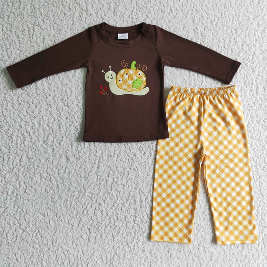 Promotion Baby Boy Kids Long Sleeves Embroidery Pumpkin Cotton Shirt Plaid Pants Outfit