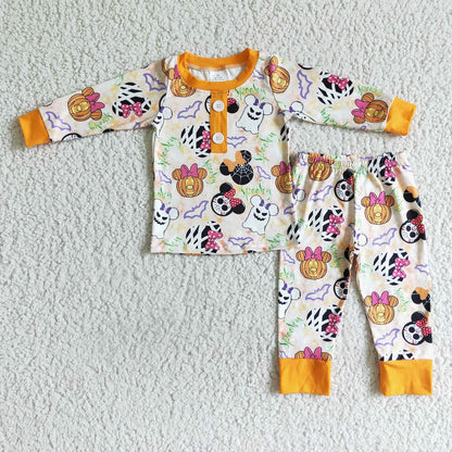 Promotion Baby Boy Long Sleeves Halloween Cartoon Shirt Pants Outfit Pajamas Set