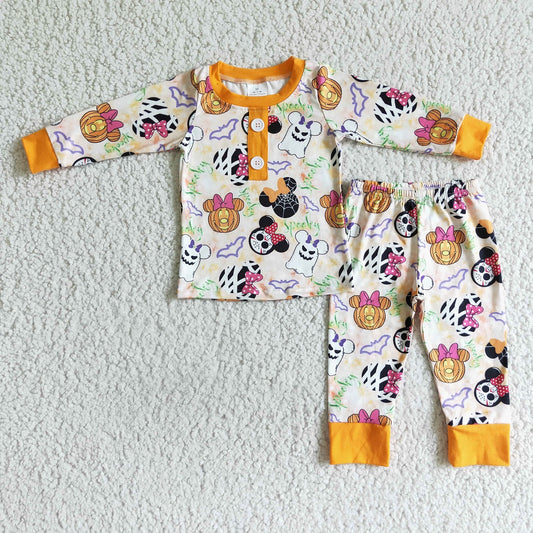 Promotion Baby Girl Long Sleeves Halloween Cartoon Shirt Pants Outfit Pajamas Set