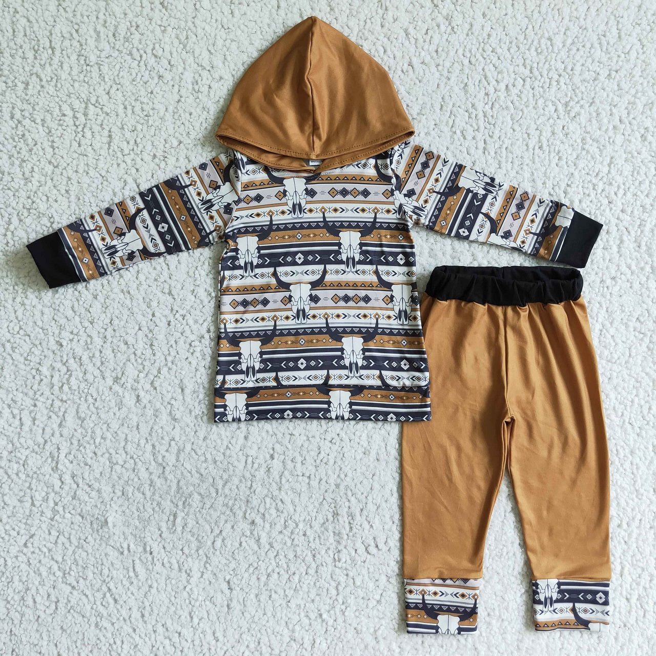 Promotion Baby Boy Kids Long Sleeves Western Cow Hoodie Shirt Pants Set