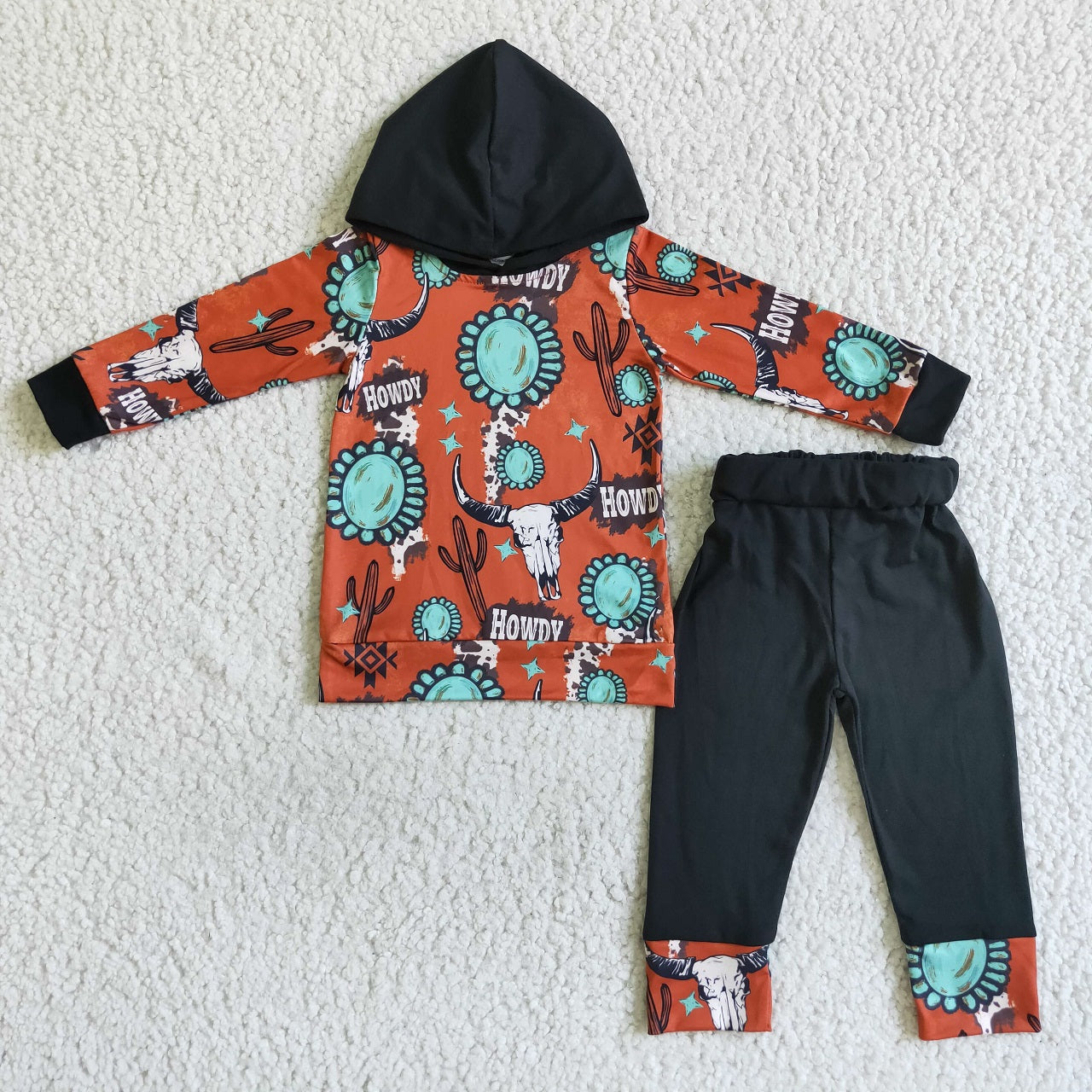 Promotion Baby Boy Kids Long Sleeves Western Cow Cactus Hoodie Shirt Pants Set