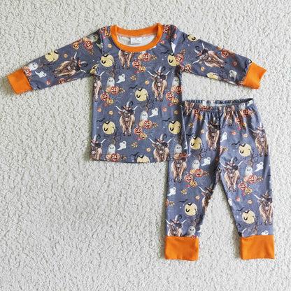 Promotion Baby Boy Long Sleeves Pumpkin Ghost Cow Shirt Pants Kids Halloween Pajamas Outfit