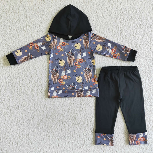 Promotion Baby Boy Long Sleeves Pumpkin Ghost Cow Shirt Pants Kids Halloween Hoodie Outfit