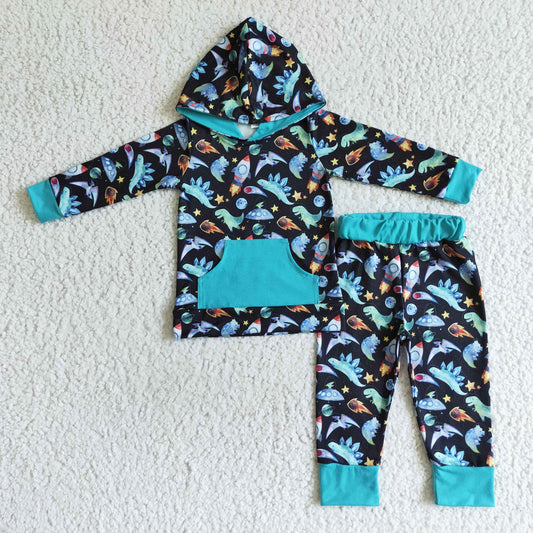 Promotion Baby Boy Long Sleeves Dinosaur Hoodie Shirt Pants Outfit RTS