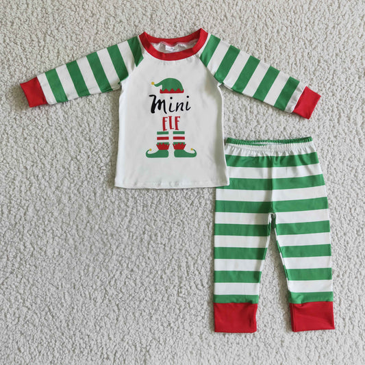 Promotion Baby Boy Long Sleeves Christmas Shirt Green Stripes Pants Pajamas Outfit