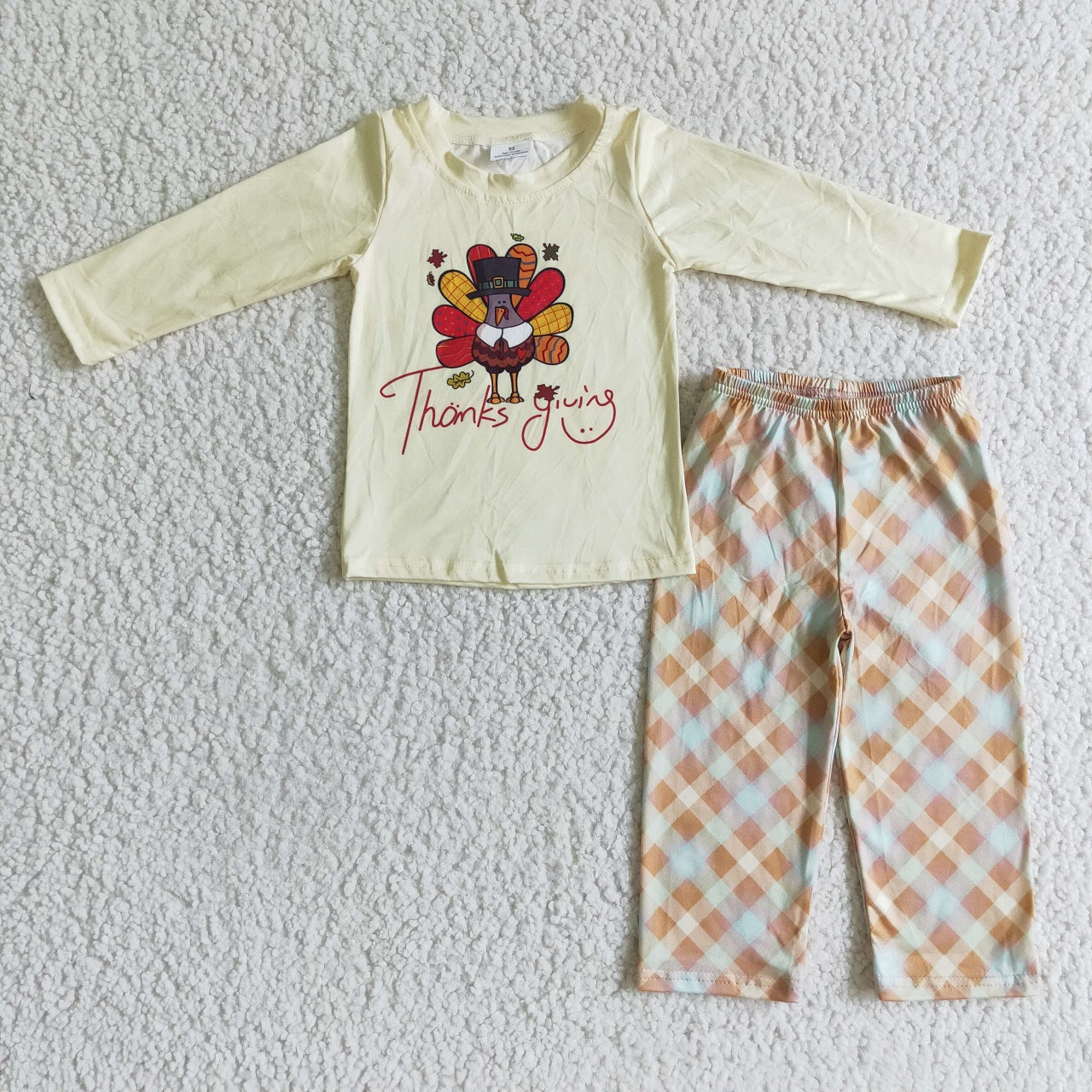 Promotion Baby Boy Long Sleeves turkey Thanksgiving Shirt Plaid Pants Kids Fall Outfit