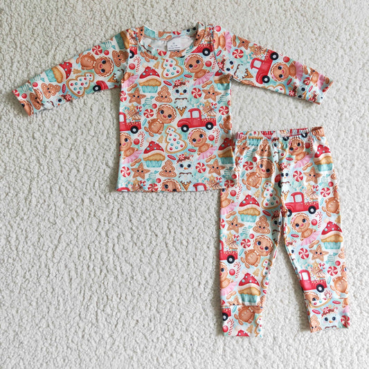 Promotion Baby Kids Toddler Long Sleeves Christmas Gingerbread Shirt Pants Pajamas Set