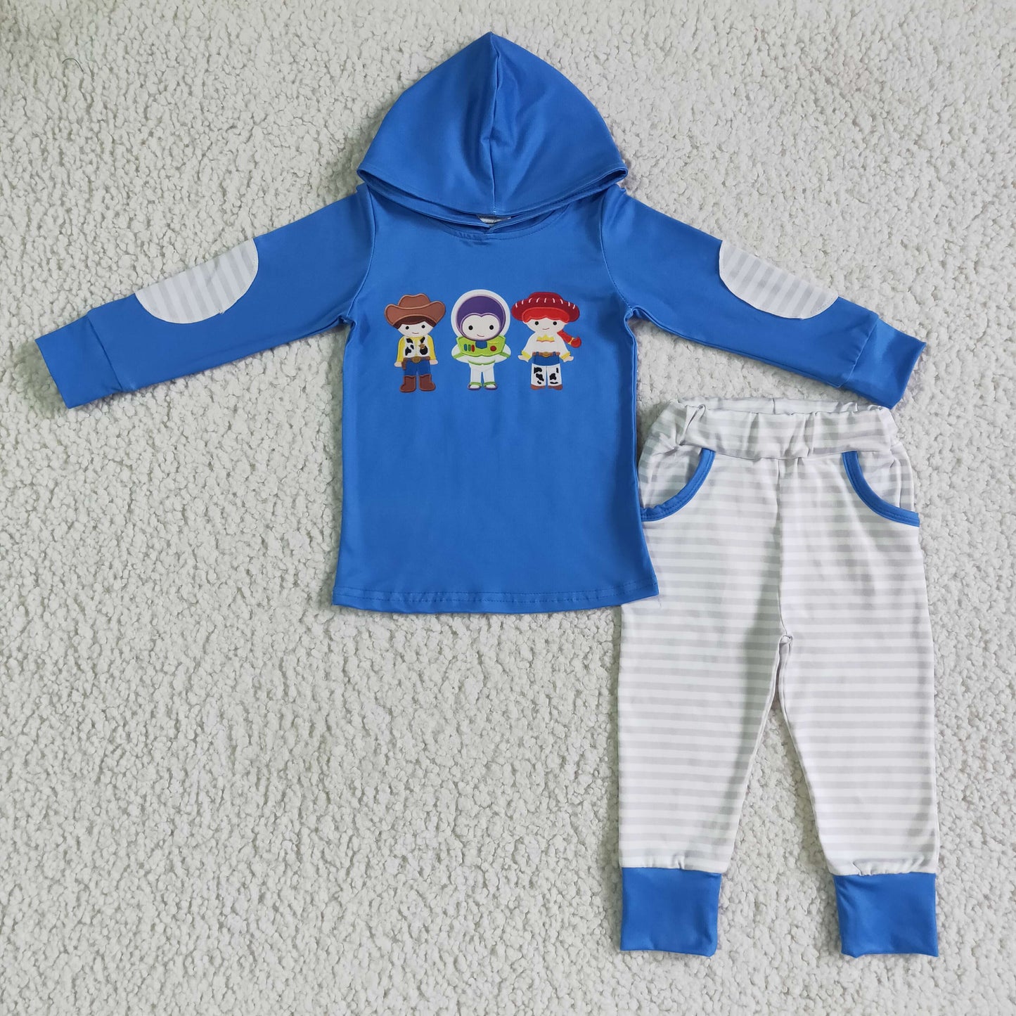 Promotion Baby Boy Kids Blue Long Sleeves Toys Hoodie Shirt Pocket Pants Cartoon Clothes Set