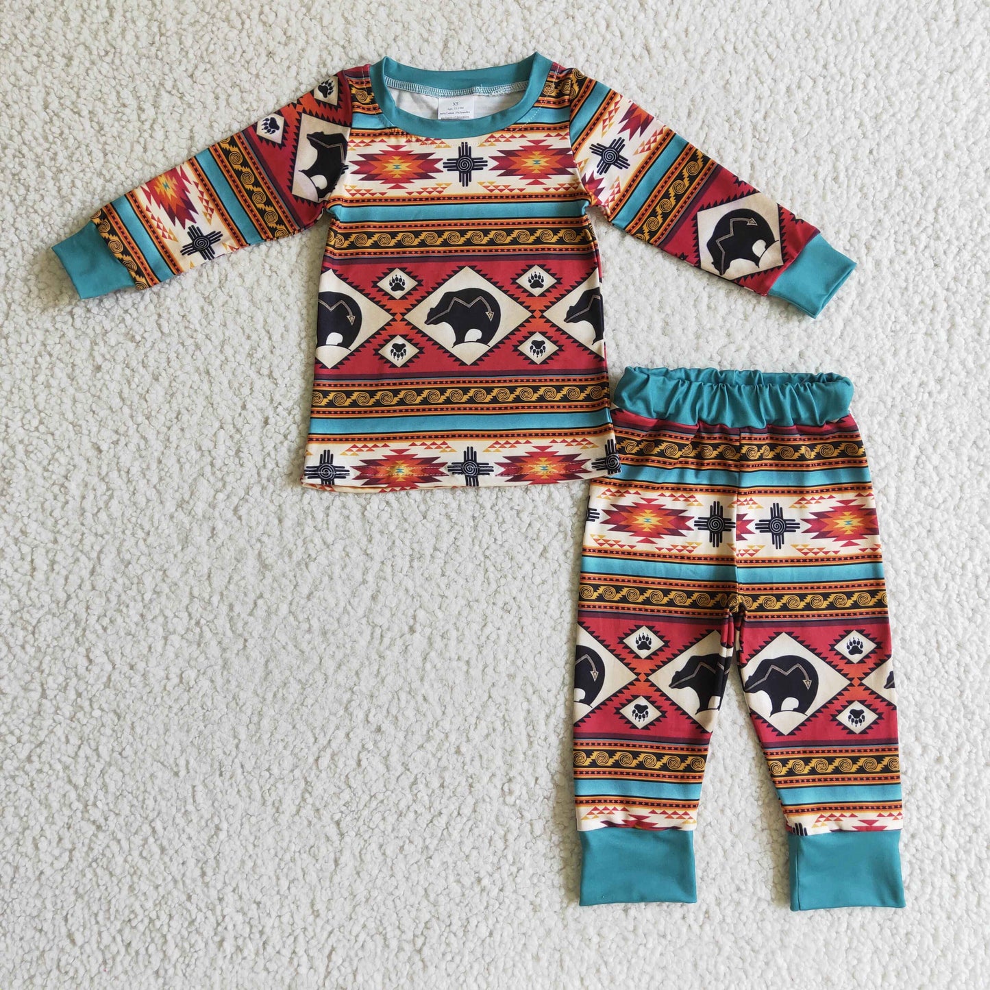 Promotion Baby Boy Long Sleeves Western Bear Stripes Shirt Pants Pajamas Clothes Set