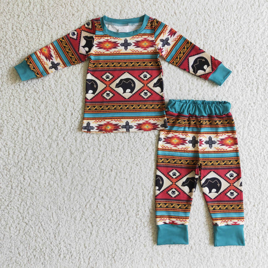 Promotion Baby Boy Long Sleeves Western Bear Stripes Shirt Pants Pajamas Clothes Set