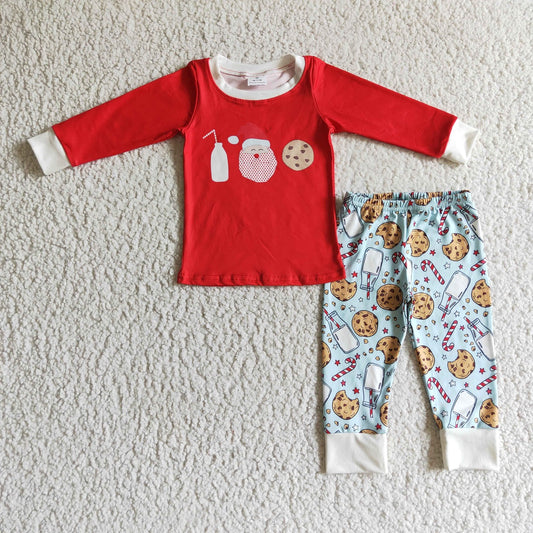 Promotion Baby Boy Long Sleeves Christmas Santa Cookie Milk Shirt Pants Pajamas Outfit