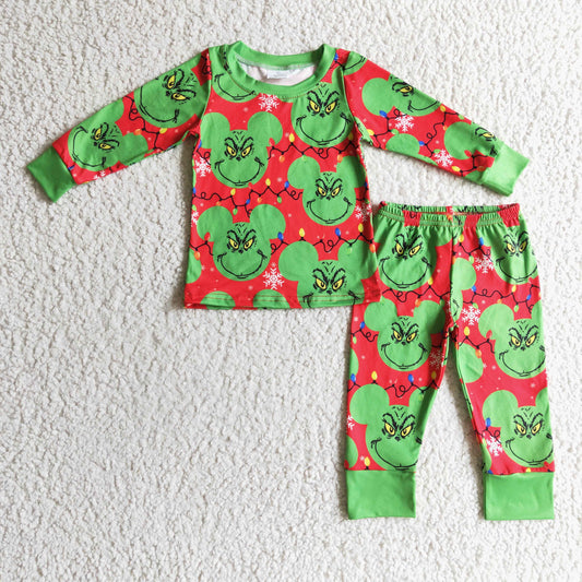 Promotion Baby Boy Long Sleeves Green Face Shirt Pants Kids Christmas Pajamas Set