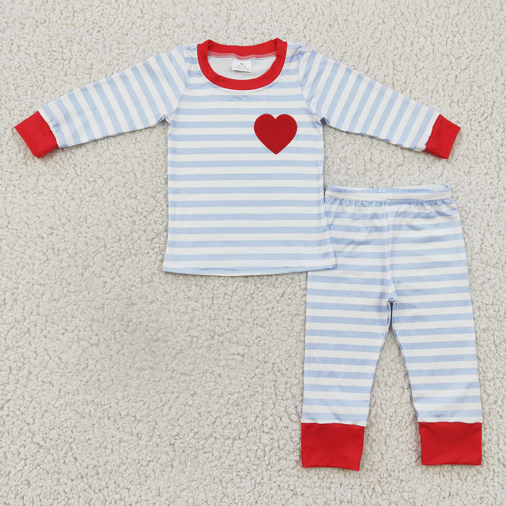 Baby Boy Girl Long Sleeves Valentines Embroidery Heart Stripes Sibling Pajamas Clothes Set