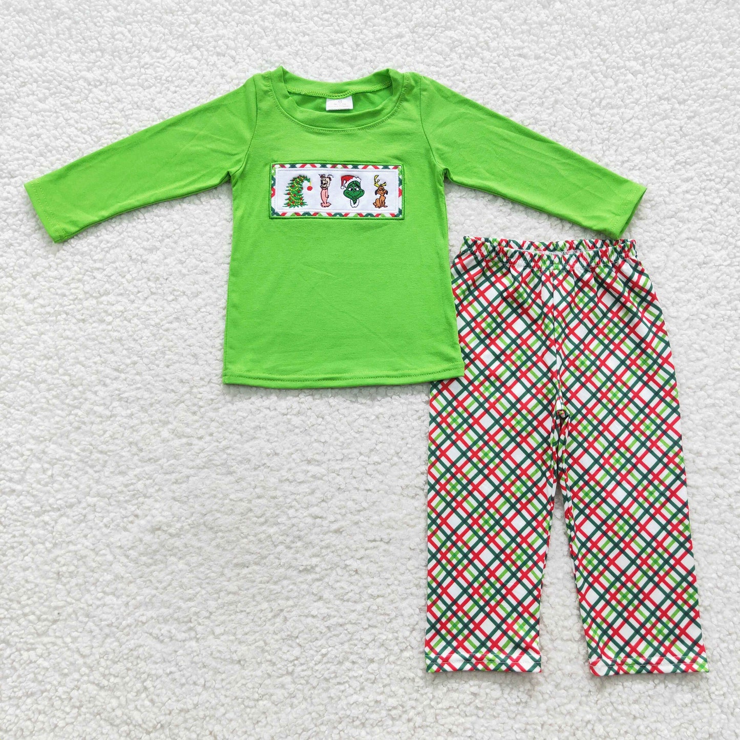 Promotion Baby Boy Embroidery Shirt Plaid Pants Christmas Green Outfit Pajamas RTS
