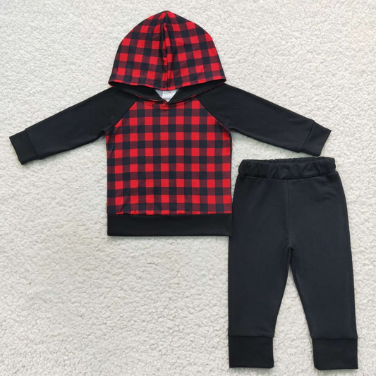 Promotion Baby Boy Christmas Long Sleeves Plaid Hoodie Pullover Pants Outfit RTS