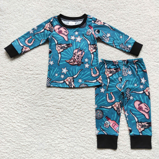 Promotion Baby Boy Western Long Sleeves Cow Shirt Pants Pajamas Outfit