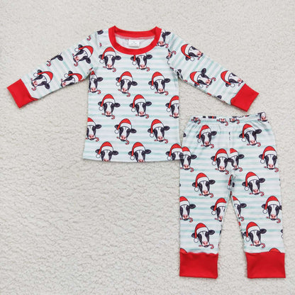 Sibling Baby Boys Long Sleeves Christmas Cow Stripes Zipper Romper Pajamas Outfit RTS