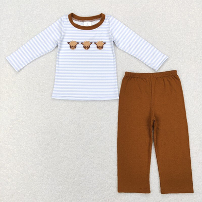 Sibling Baby Boys Kids Long Sleeves Embroidery Cows Stripes Western Romper Set RTS