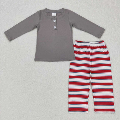 Sibling Boys Girls Kids Long Sleeves Grey Red Stripes Christmas Zipper Romper Outfit Pajamas RTSs