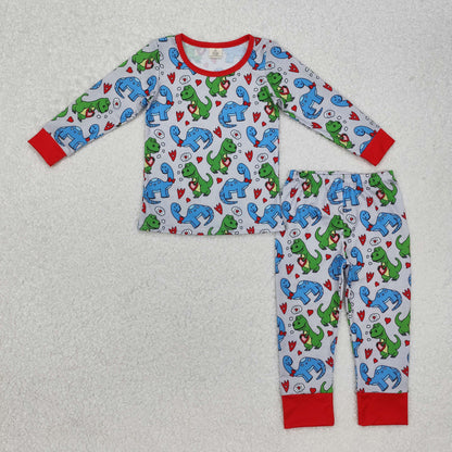 Sibling Baby Boys Kids Long Sleeves Valentines Dinosaur Hearts Zipper Romper Pajamas Sets RTS