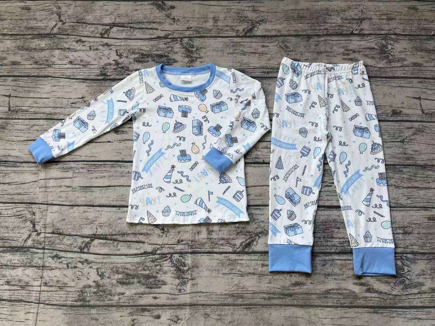 RTS Baby Boy Long Sleeves Birthday Shirt Pants Pajamas Blue Set