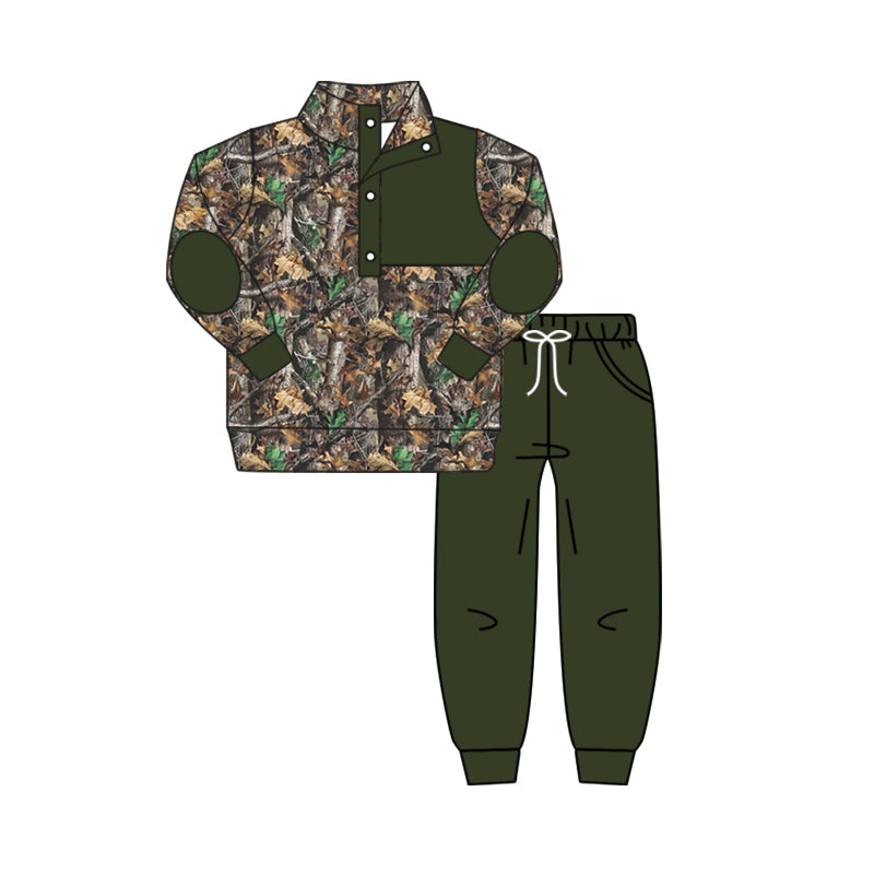 Pre-order Baby Boys Fall Green Camo Leaves Pullovers Tops Shirt Pants Clothes Set