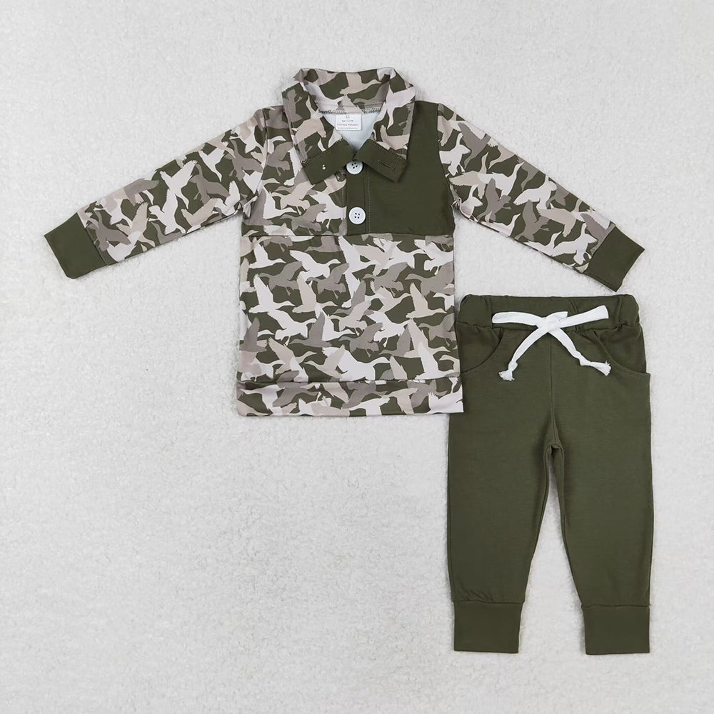 Baby Boy Long Sleeves Camo Buttons Pullover Shirt Pocket Cotton Pants Sibling Brother Clothes Set