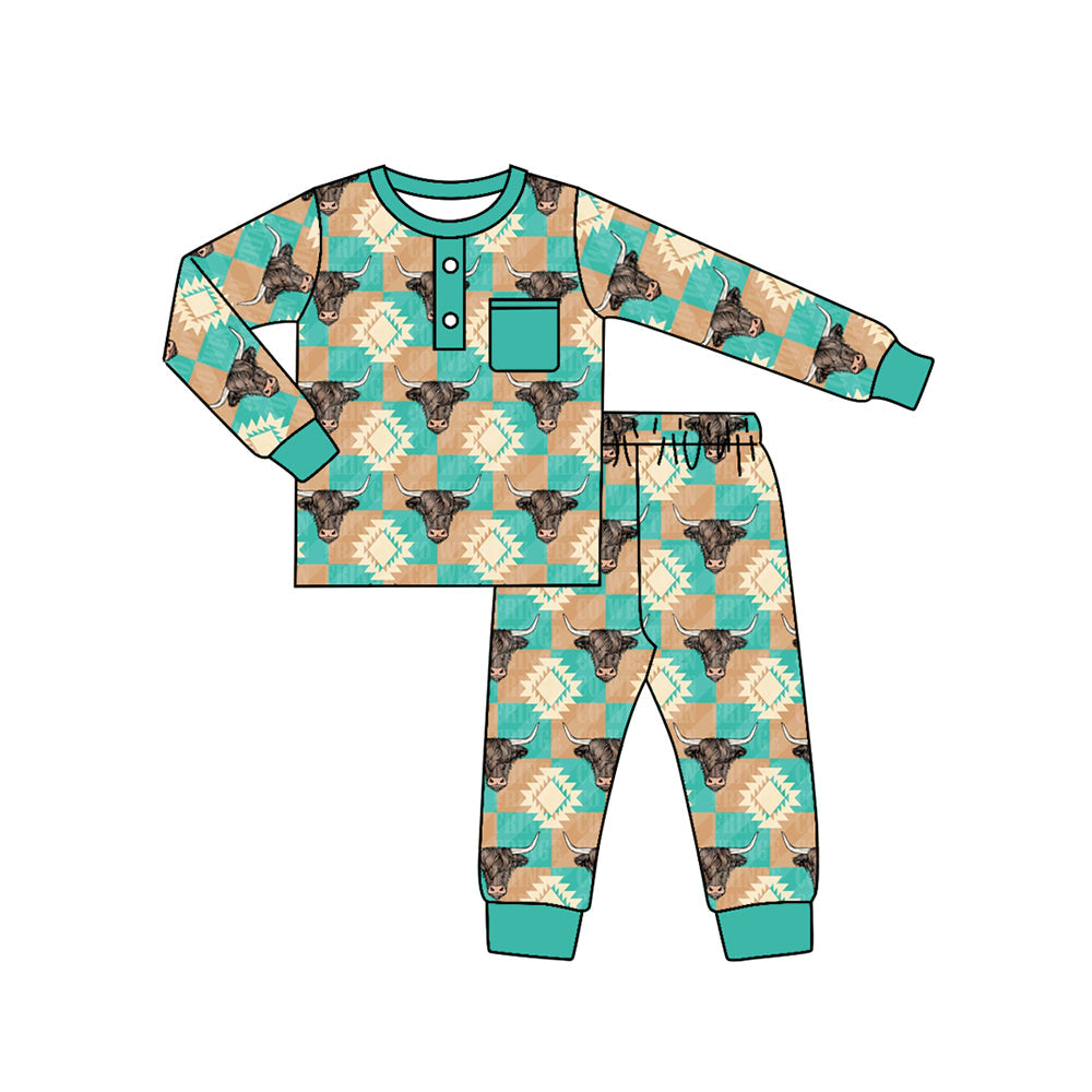 Pre-order Baby Boys Cow Skull Aztec Shirt Pants Pajamas Clothes Set