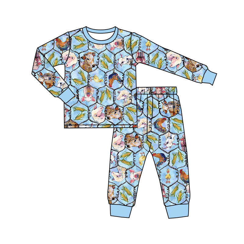 Pre-order Baby Boys Cow Farm Blue Shirt Pants Pajamas Clothes Sets