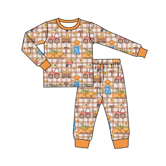Pre-order Baby Kids Fall Pumpkin Trucks Tee Pants Pajamas Clothes Sets