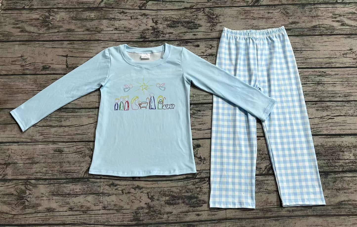 Baby Boy Long Sleeves Christmas Nativity Shirt Blue Plaid Pants Set