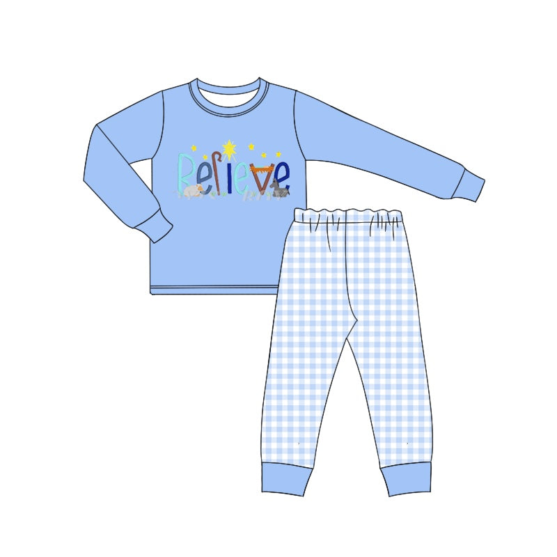 Pre-order Baby Boys Blue Christmas Believe Top Checkered Pants Set