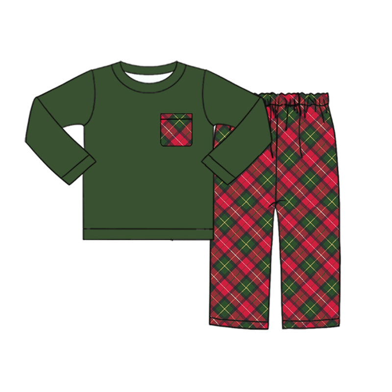 Pre-order Baby Boys Christmas Green Red Checkered Tunic Top Pants Set