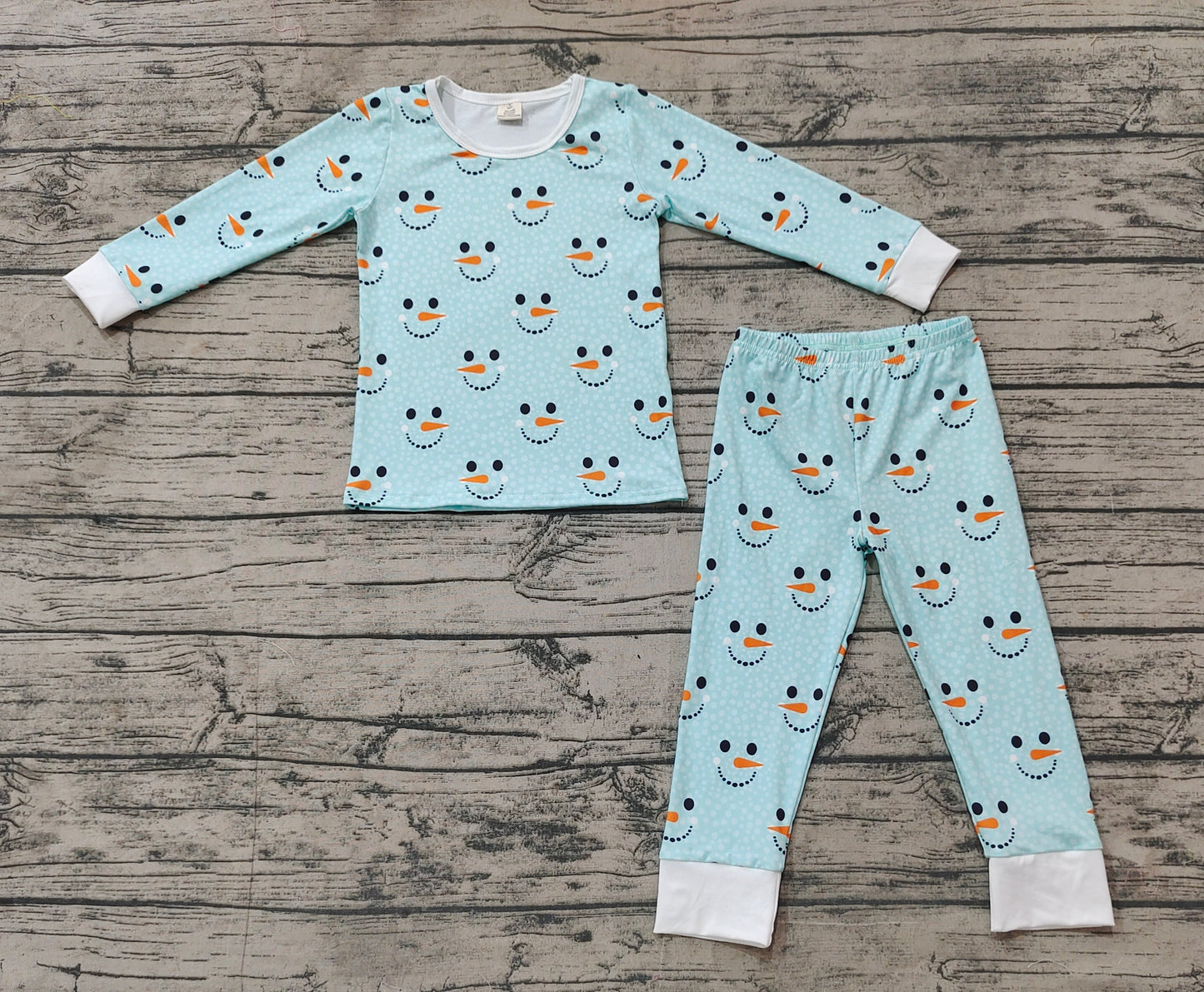 Baby Boy Long Sleeves Blue Snowman Shirt Pants Pajamas Bamboo Christmas Set