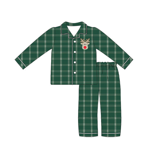 Pre-order Baby Boy Christmas Green Checkered Deer Buttons Top Pants Pajamas Set