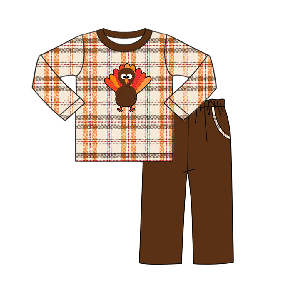 Pre-order Baby Boys Brown Checkered Turkey Shirt Pockets Pants Set