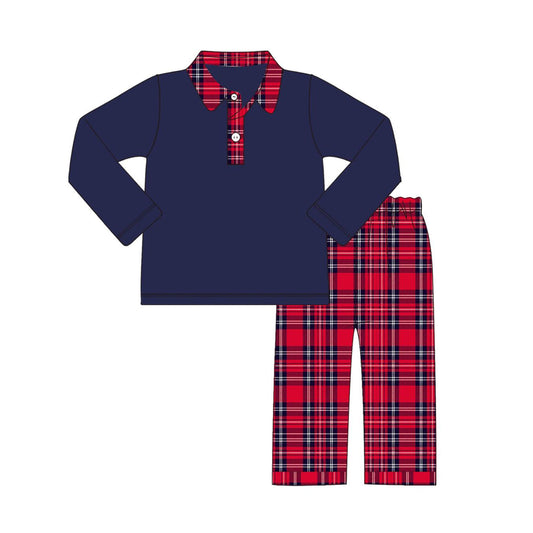 Pre-order Baby Boy Navy Buttons Shirts Plaid Pants Christmas Set