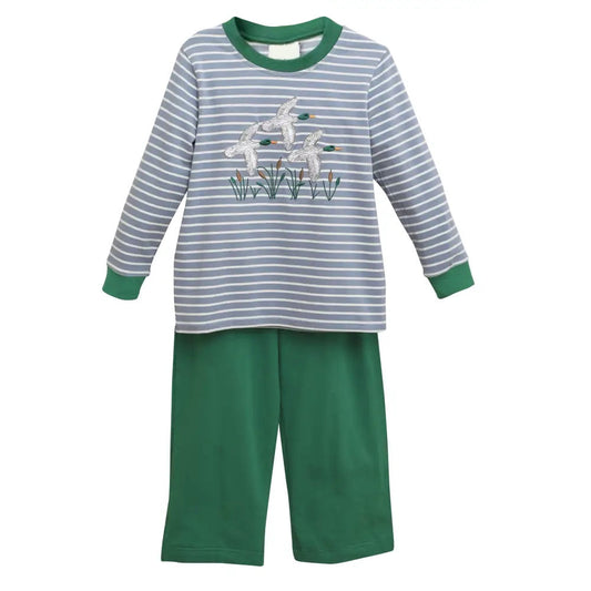 Pre-order Baby Boy Ducks Stripes Shirt Green Pants Set