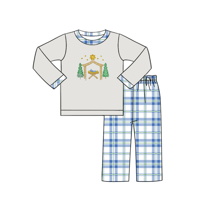 Pre-order Baby Boy Nativity House Shirt Plaid Pants Pajamas Set