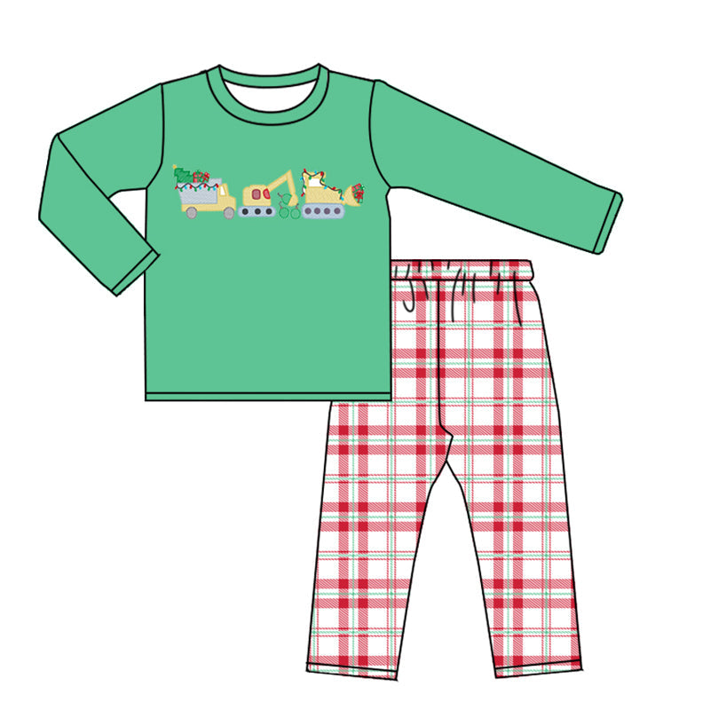 Pre-order Baby Boy Christmas Tractor Green Shirt Plaid Pants Set