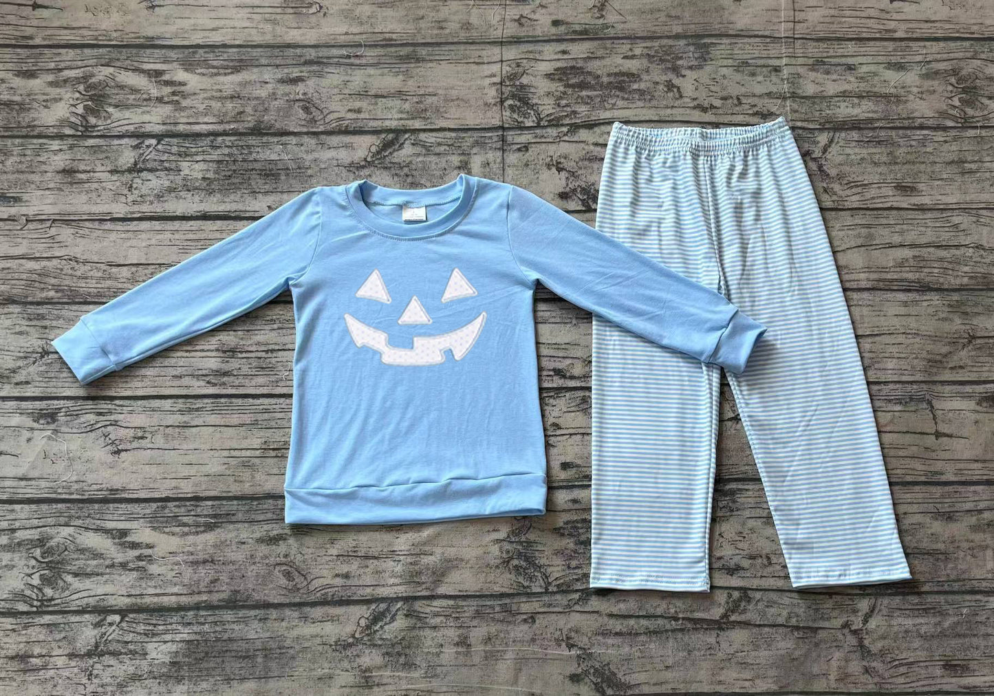 Pre-order Baby Boy Blue Halloween Embroidery Smile Shirt Stripes Pants Clothes Set