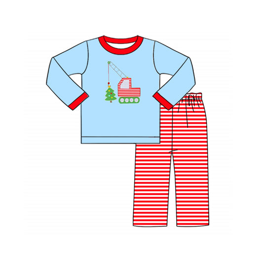 Pre-order Baby Boy Christmas Tree Truck Blue Shirt  Stripes Pants Set