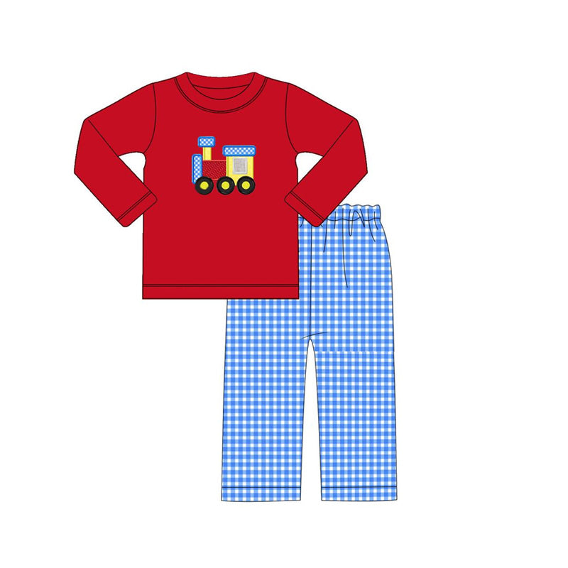 Pre-order Baby Boy Red Train Top Checkered Blue Pants Clothes Set