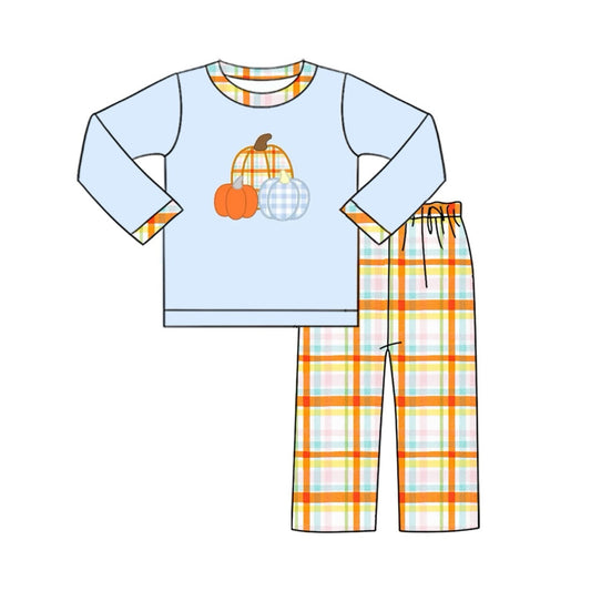 Pre-order Baby Boy Pumpkin Blue Shirt Plaid Pants Set